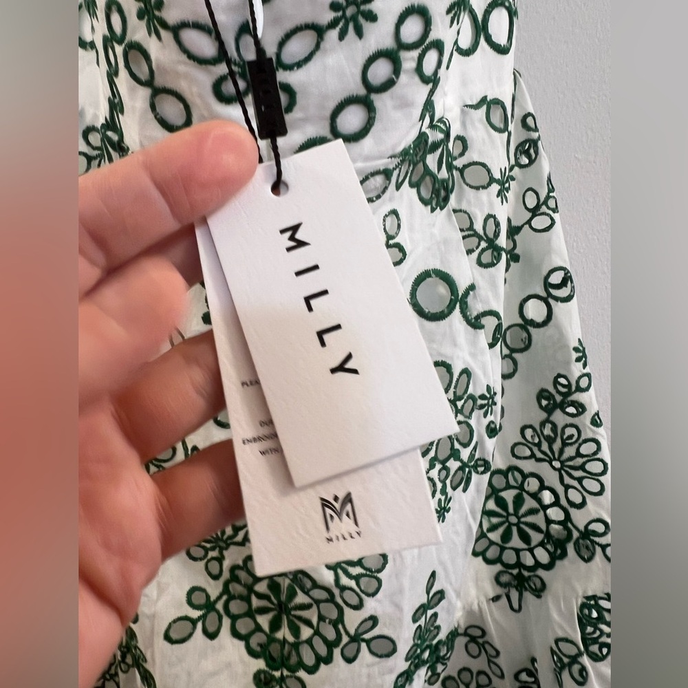 MILLY Hayden Scallop Eyelet Dress in White & Green - Picture 14 of 16